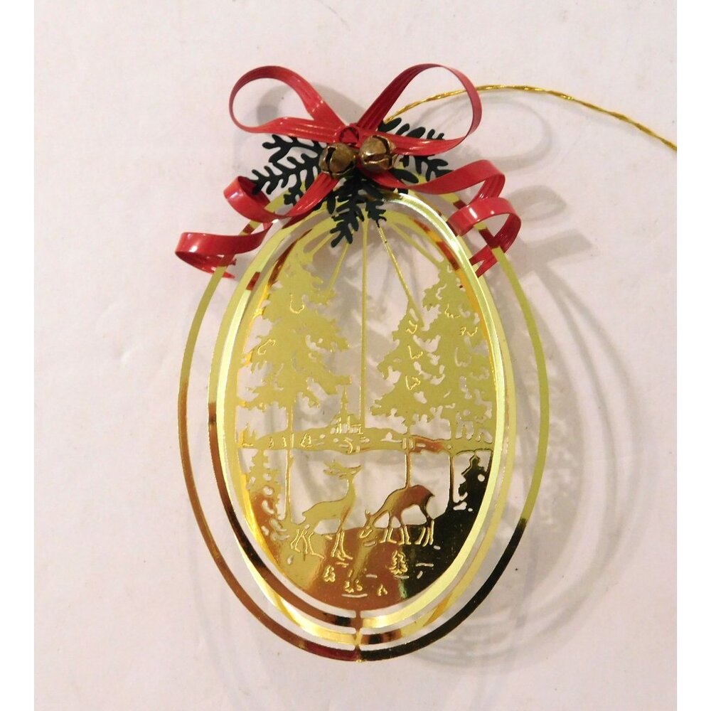 Vintage Nature Scene Christmas Ornament Laser Cut Gold Tone Red Bow
